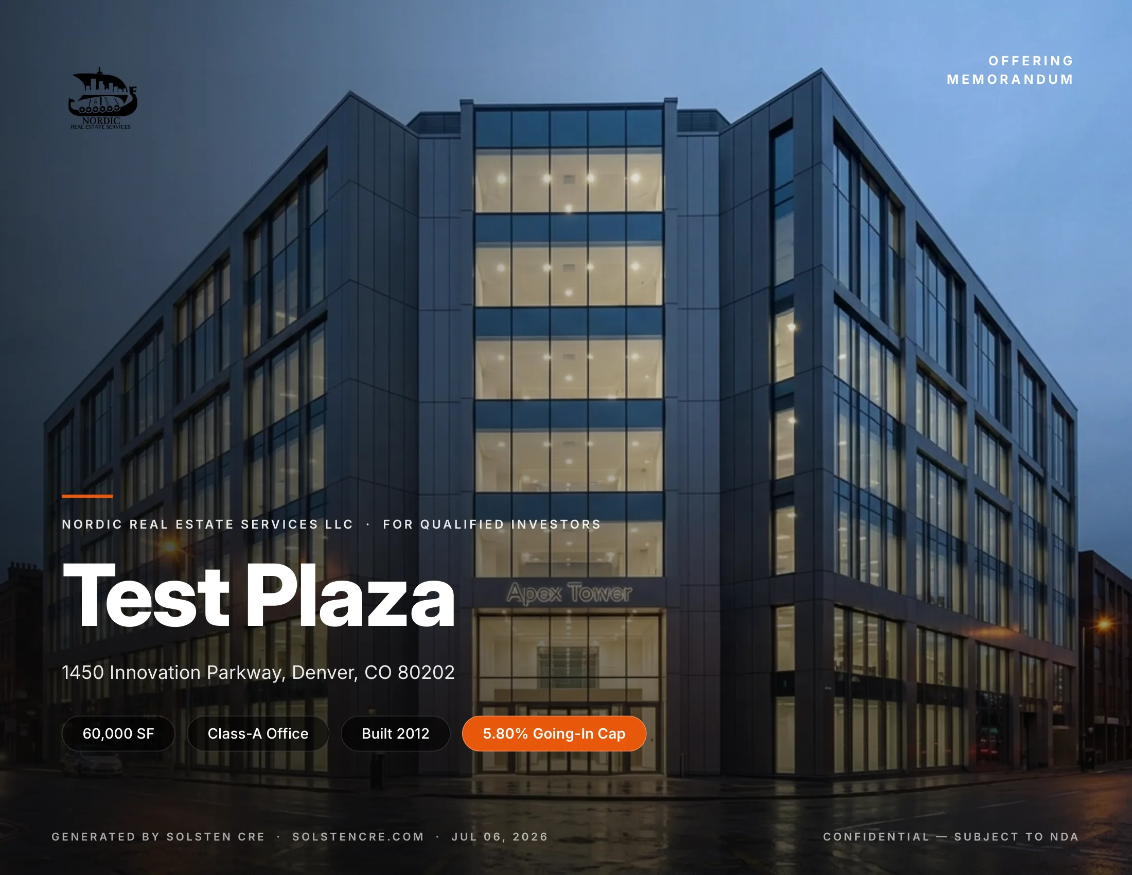Architecture Orange theme — Innovation Plaza investor package cover, generated by Solsten CRE