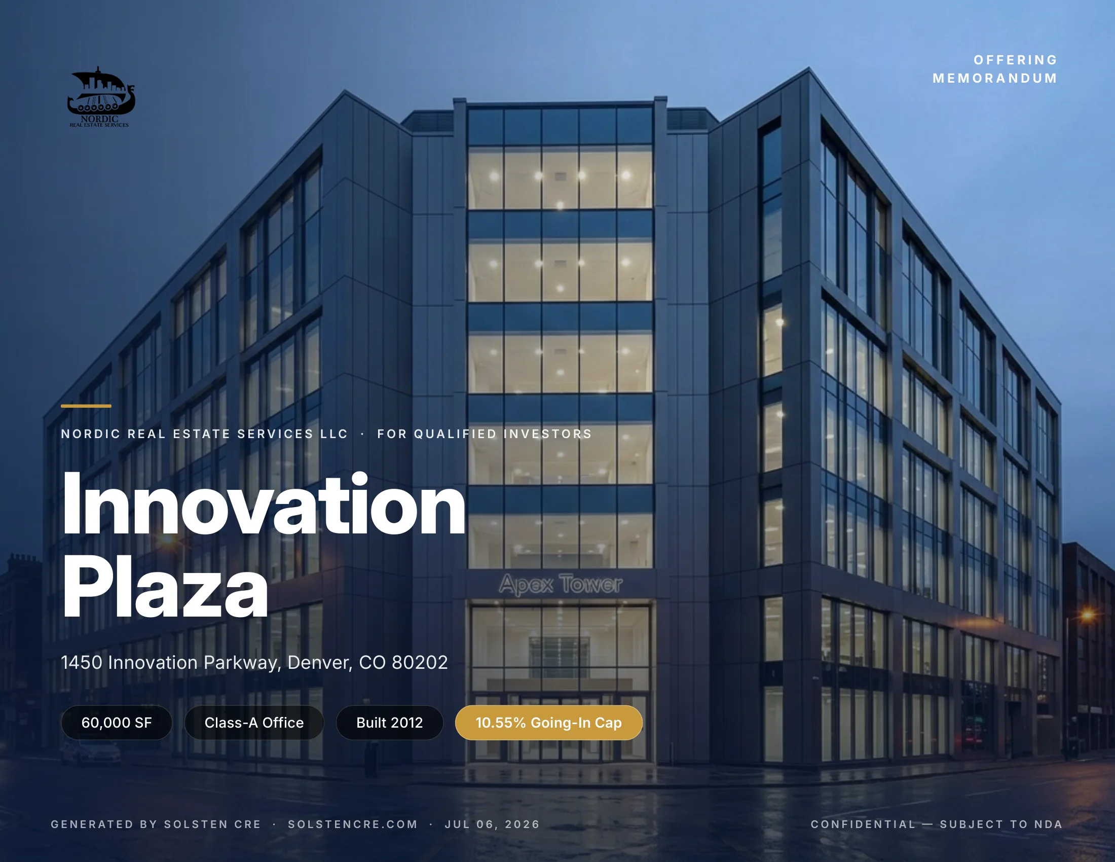 Gold theme — Innovation Plaza offering memorandum example, generated by Solsten CRE
