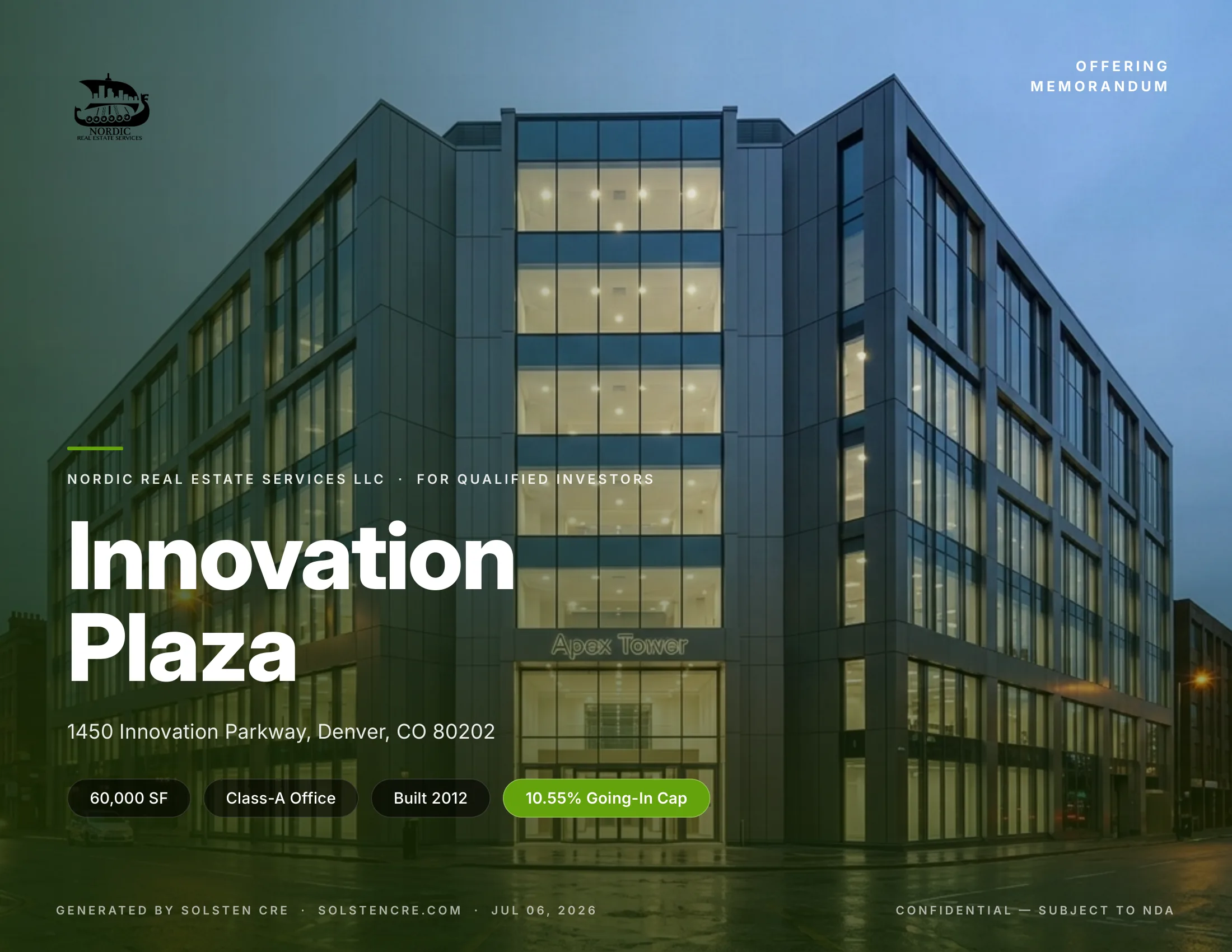 Green theme — Innovation Plaza CRE investment packet cover, generated by Solsten CRE