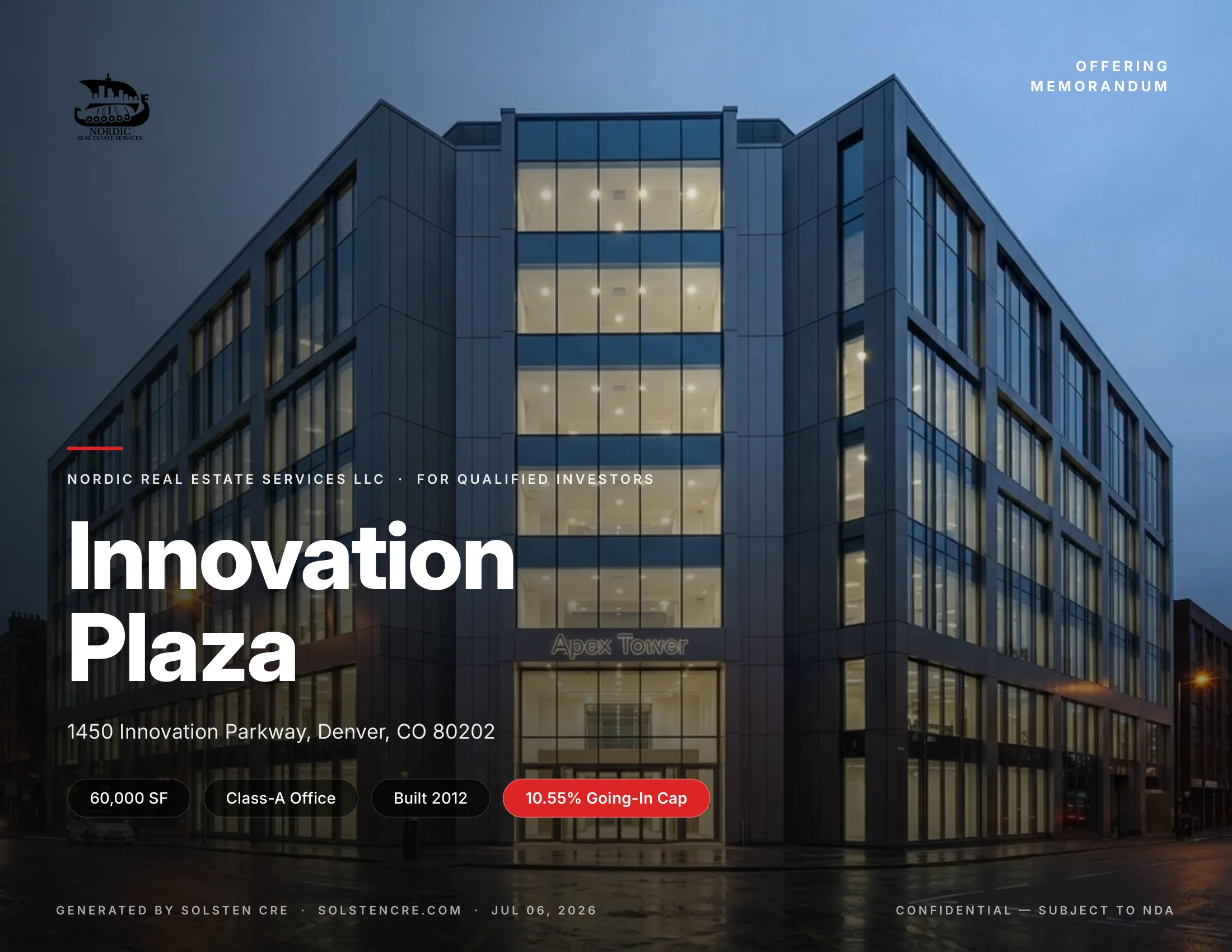 Red theme — Innovation Plaza OM sample cover, generated by Solsten CRE
