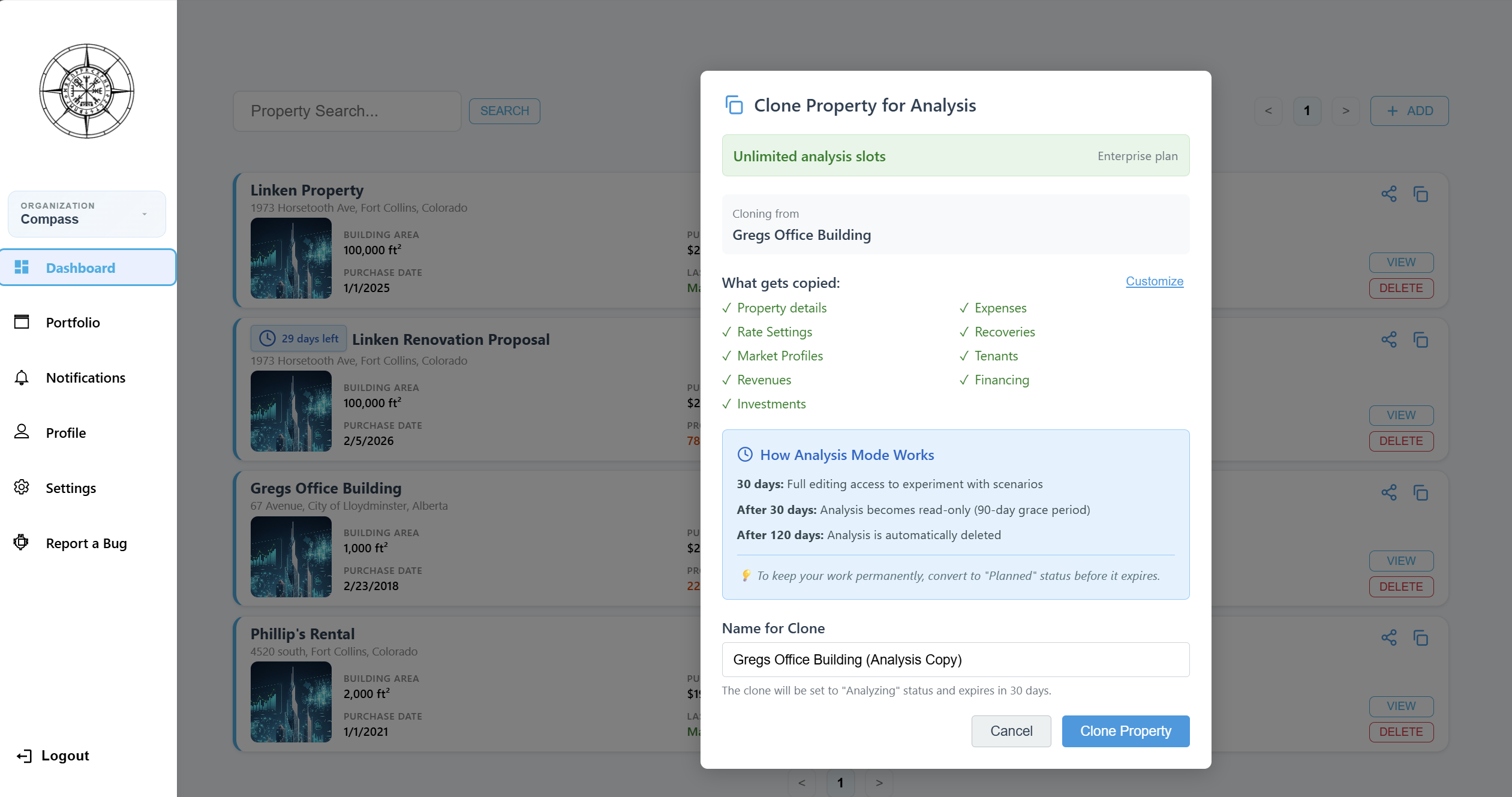 Clone Property dialog for duplicating shared properties into your workspace