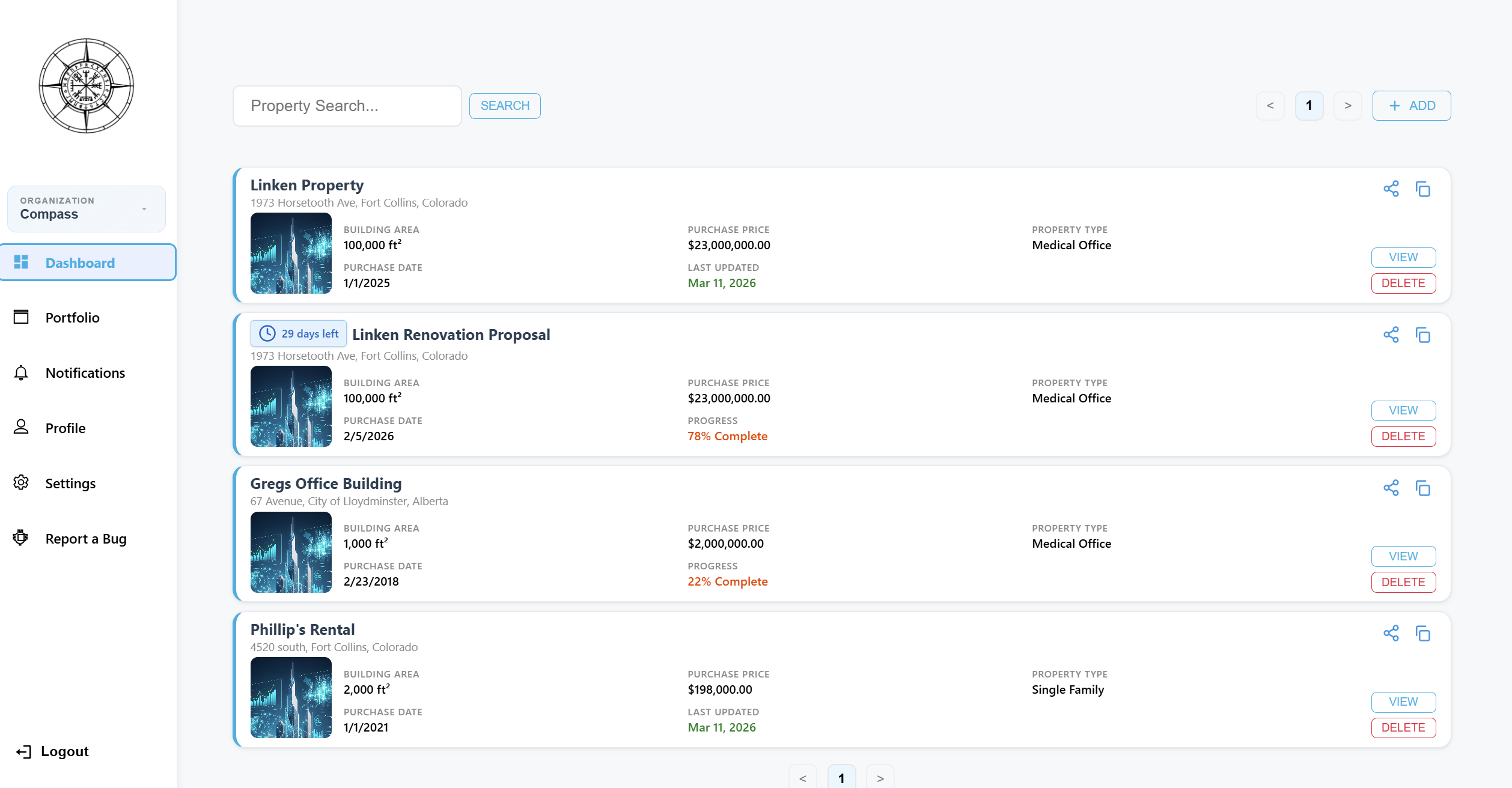 Compass property dashboard showing multiple properties with progress tracking and status badges