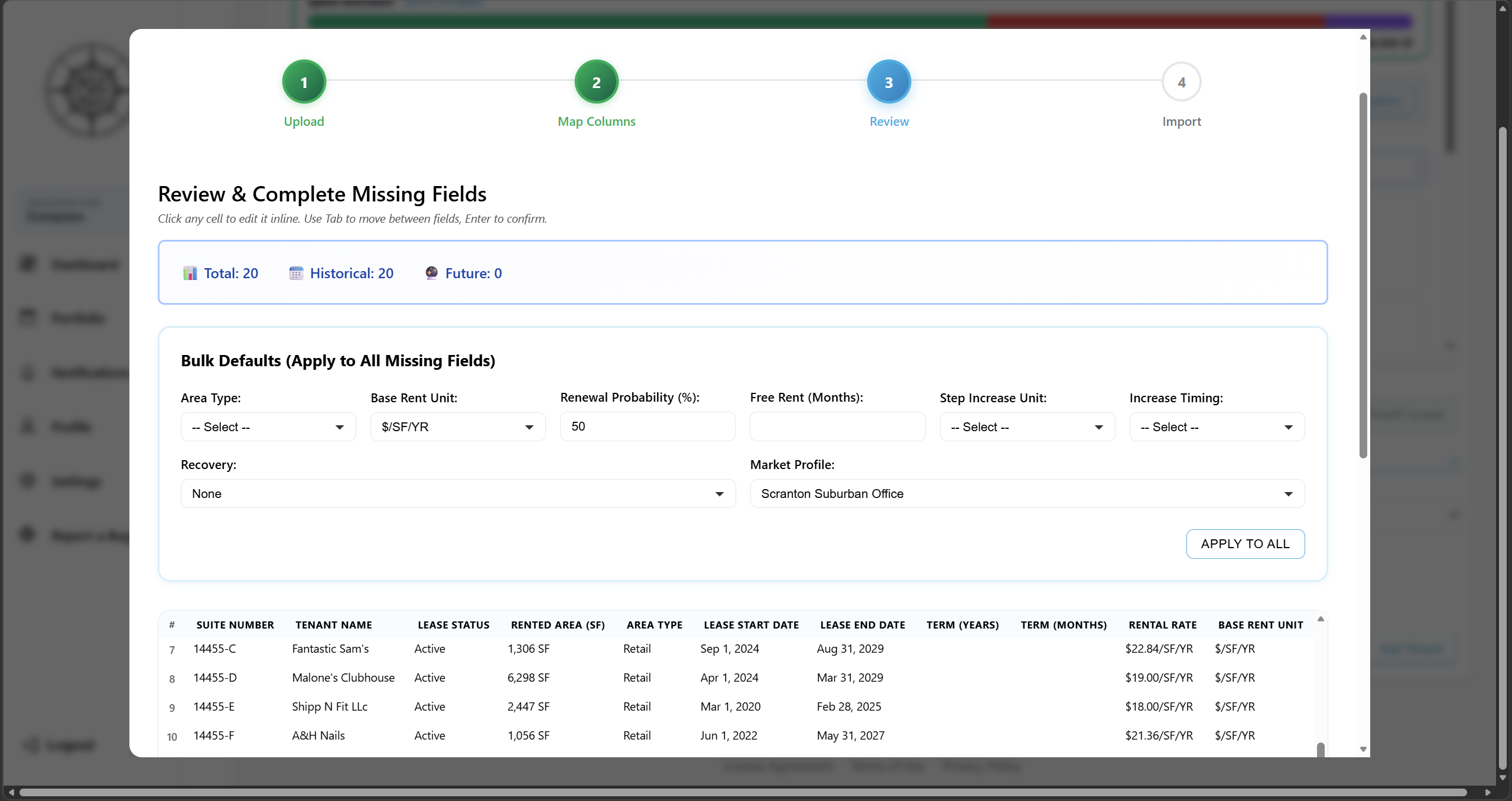 Compass Excel Import Wizard auto-detecting expense columns, dates, and categories from a T-12 spreadsheet