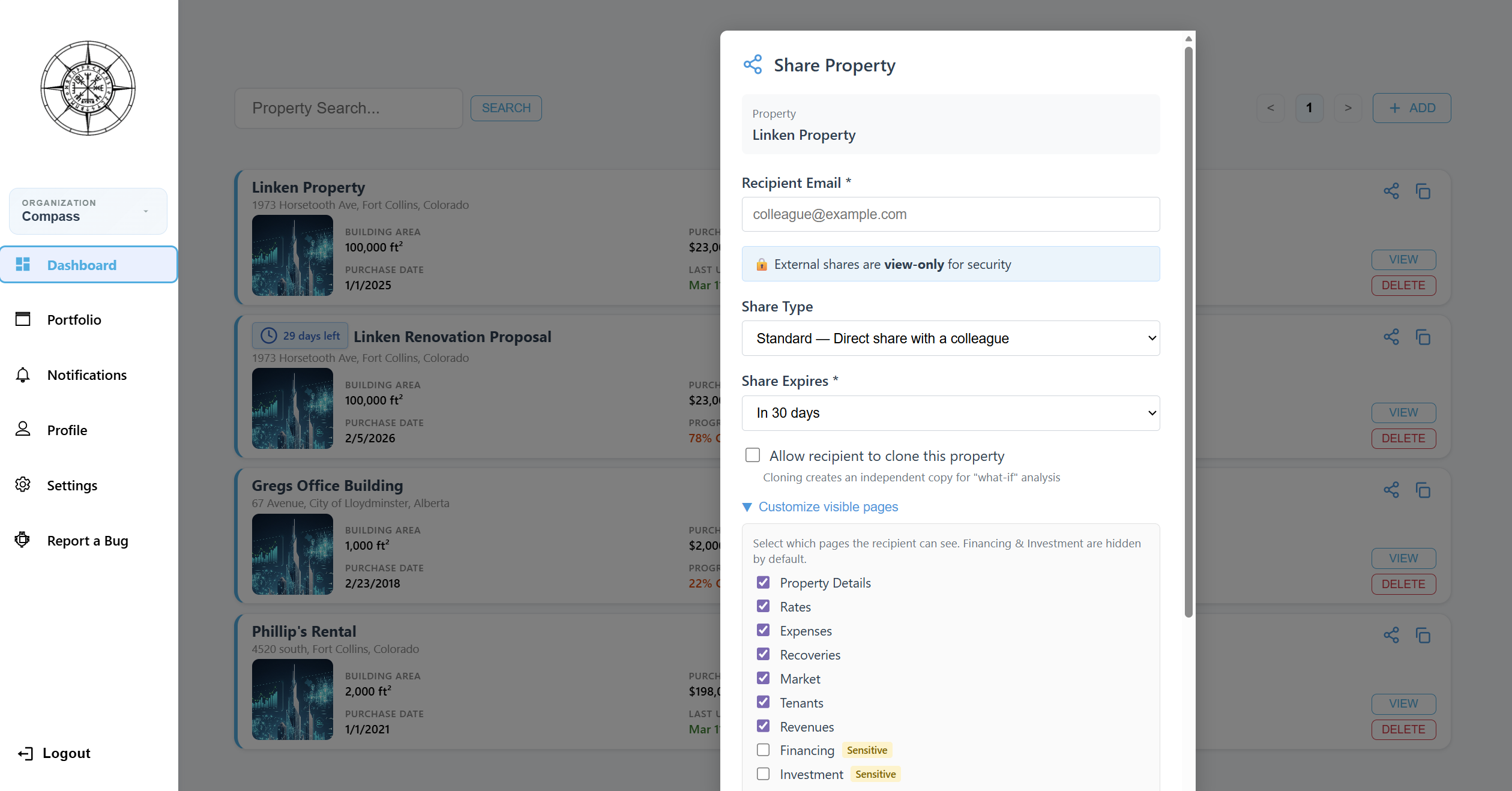 Compass Share Property dialog with page visibility checkboxes, role-based access, and share link